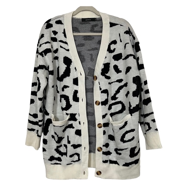 ZESICA Leopard Black N White Print Knitted Cardigan Long sleeves Size L - Picture 2 of 16